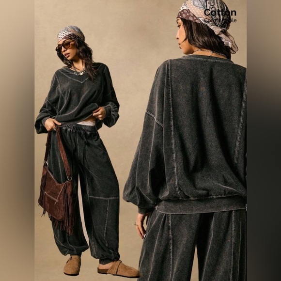 ✨NEW Bohemian sweatshirt pants suit -  Black  stone wash - Two-Piece Set - Picture 2 of 8
